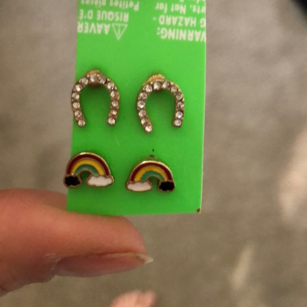 Dainty earring studs rainbow and lucky horseshoe- set of 2